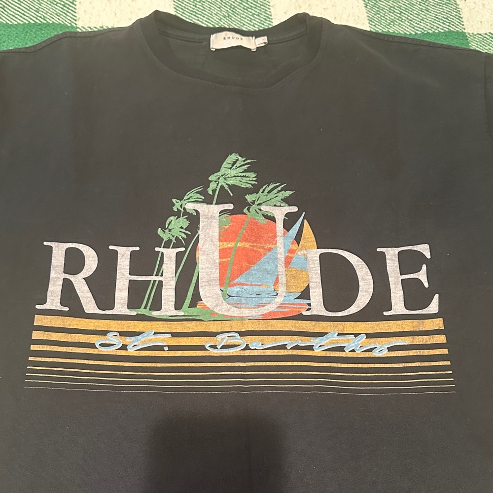 Rhude Black Tee with Tropical Graphic